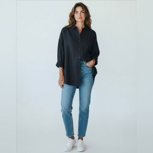 Eileen Fisher Women's Button-Up Black Shirt Organic Cotton Side Slit Size Medium